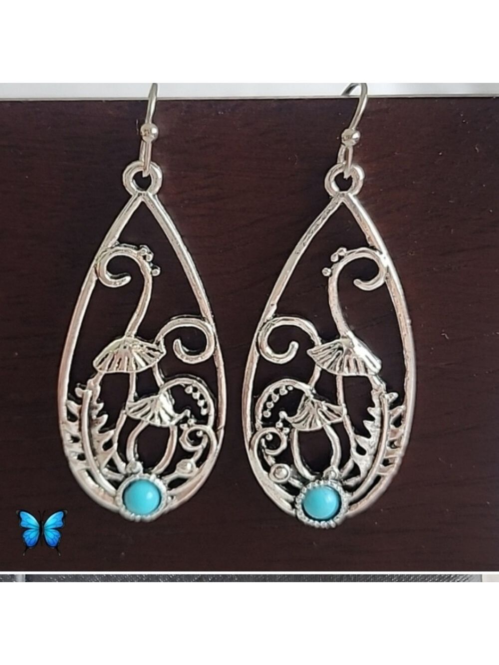 Fairy Garden Mushroom,Lattice Silver,Simulated Turquoise Earrings,